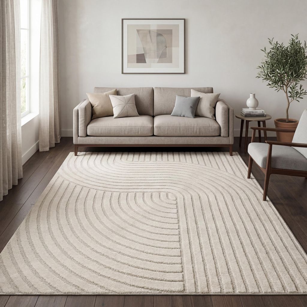 Teppich Wohnzimmer Kurzflor Skandi Japandi Boho Abstraktes Produktbild 