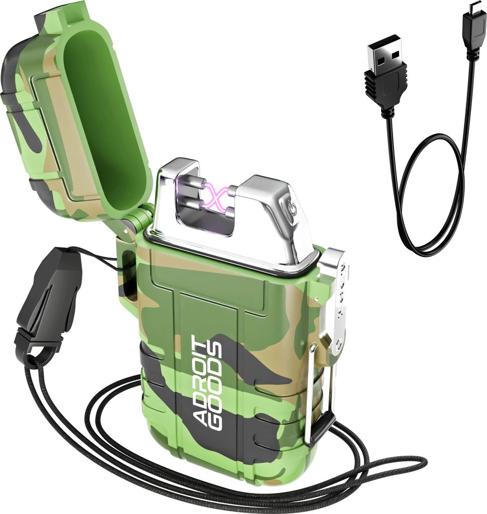 AdroitGoods Elektrisches Plasma Feuerzeug - USB Wiederaufladbar - Mit Trageriemen & Ladekabel - Camouflage
