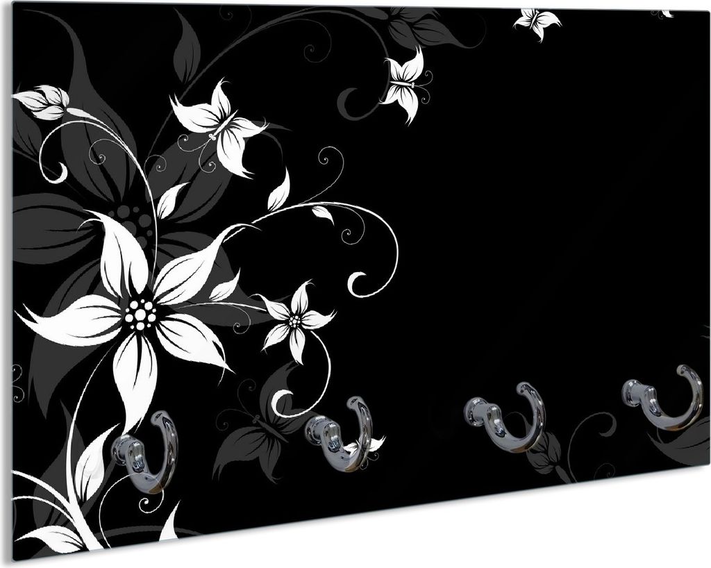 Wallario Handtuchhalter aus Glas, Motiv: Blumenranke in Schwarz-Weiß, 30 x 20 cm mit 4 Haken