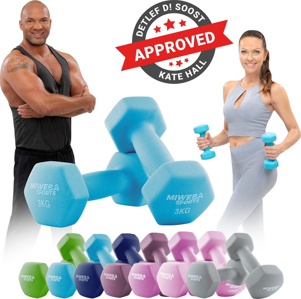 Miweba Sports Profi Neopren Hantel NKH100 | Hantelset - Kurzhanteln - Hexagon - Home Workout - Krafttraining - Anti Rutsch (Türkis 2x 3,0 Kg)