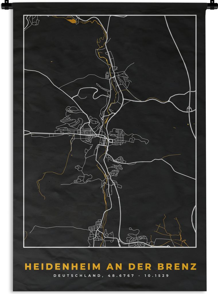 MuchoWow Wandteppich Wandbehang Karte - Stadtplan - Heidenheim an der Brenz - Deutschland - Gold 60x90 cm Tapisserie Dekoration Wandtuch - Foto-T...