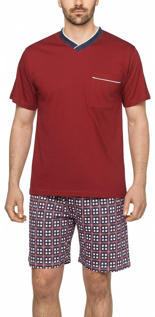 Moonline - Herren Shorty Schlafanzug kurz Pyjama mit karierter Hose aus 100% Baumwolle ; Bordeaux , 5XL