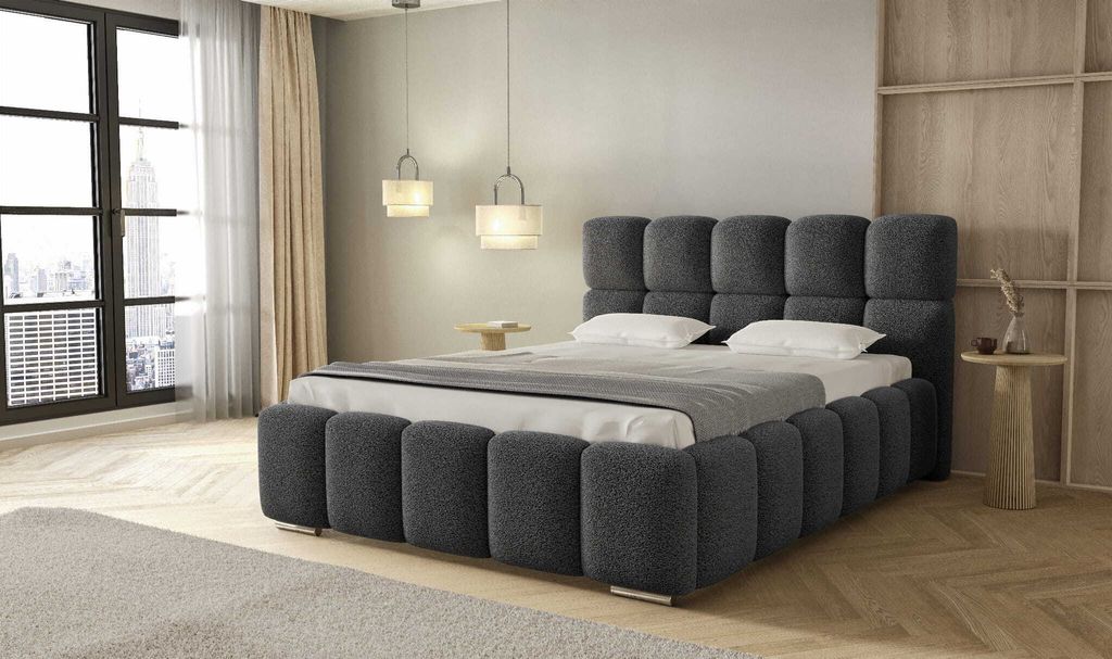 Polsterbett LUNA mit Kopfteil, 200 x 200 cm, Doppelbett mit Bettkasten und Lattenrost aus Metall, Boucle Stoff: Dunkelgrau