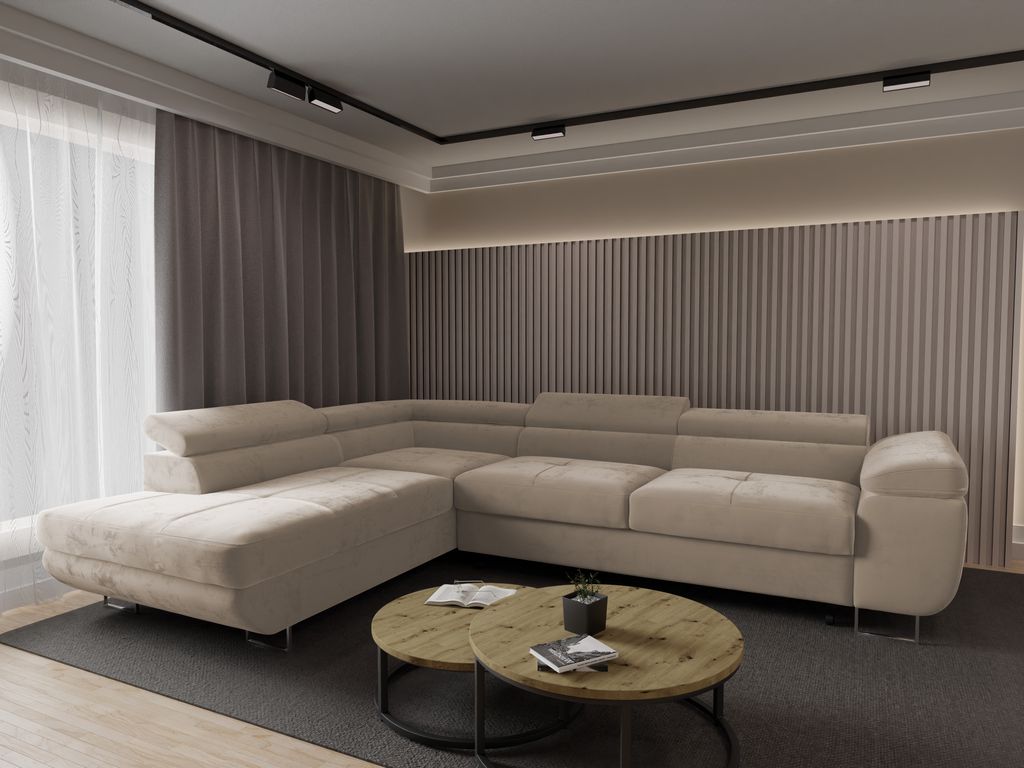 4ALLHOME Ecksofa Luna mit Schlaffunktion, Couch, Sofa mit Bettkasten, Eckcouch, L-Form Seite: Links, Monolith 04 Beige