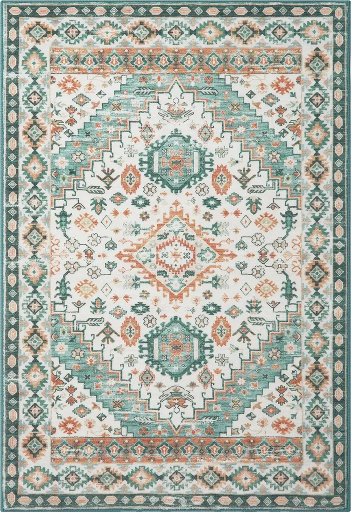 Grand Tapis de Salon Vintage 160x230cm Vert et Orange Antidérapant