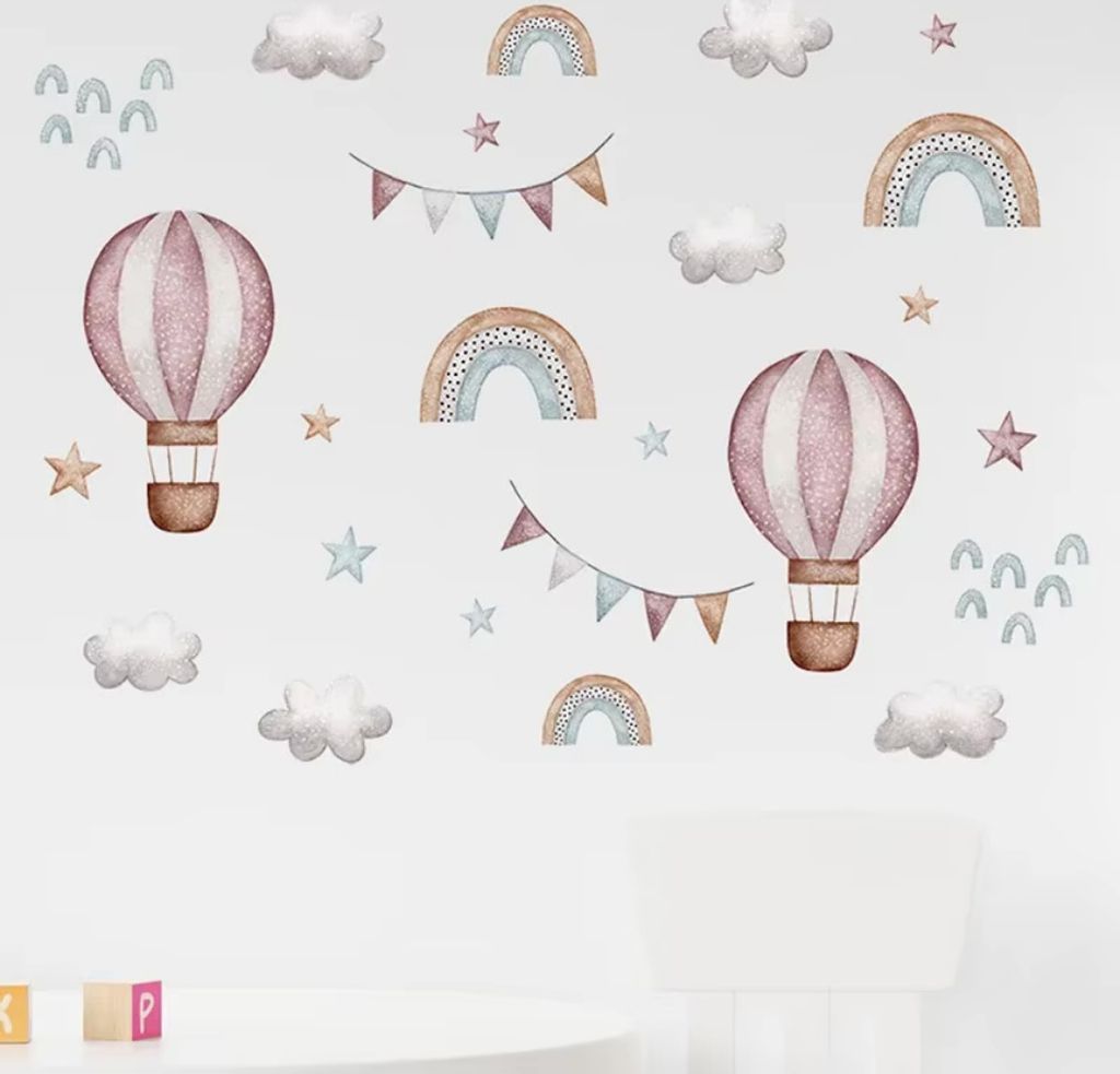 Aquarell Rosa Heißluftballon & Regenbogen Wandaufkleber – Dekorative Wolkensticker für Kinderzimmer, Babyzimmer, Wohnraum Dekoaufkleber