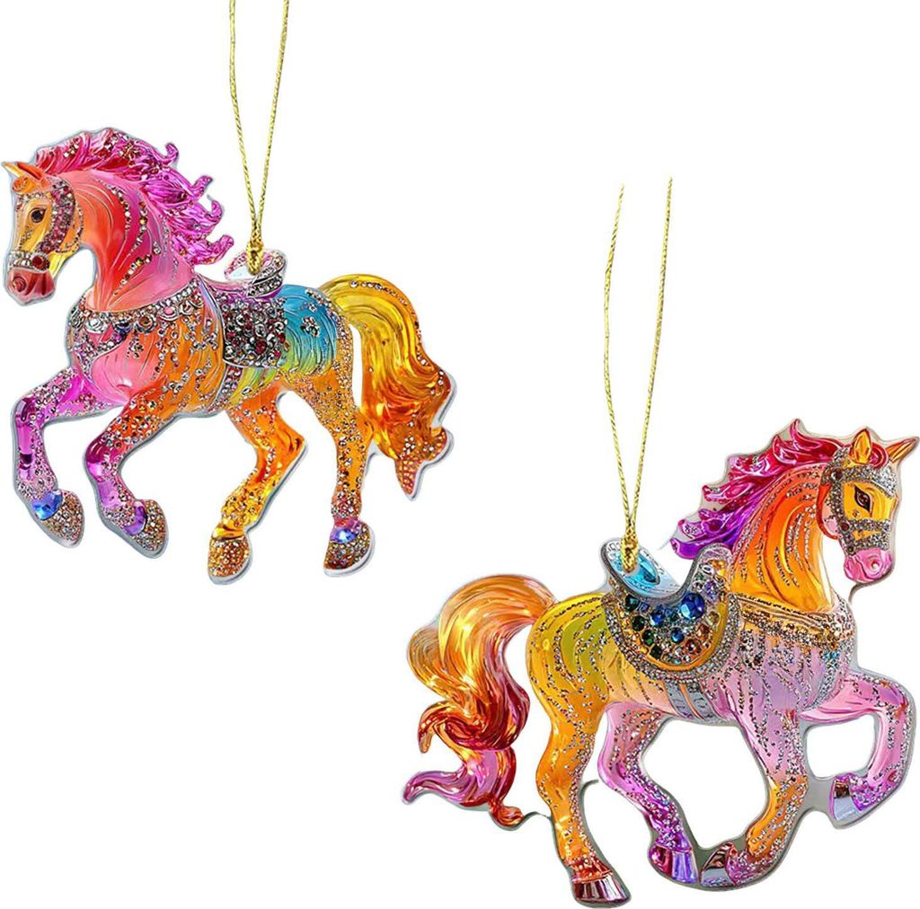 Weihnachtspferde-Anhänger mit Glitzer-Strasssteinen, 2D-flacher Acryl-Auto-Rückspiegel-Anhänger für die Weihnachtsdekoration