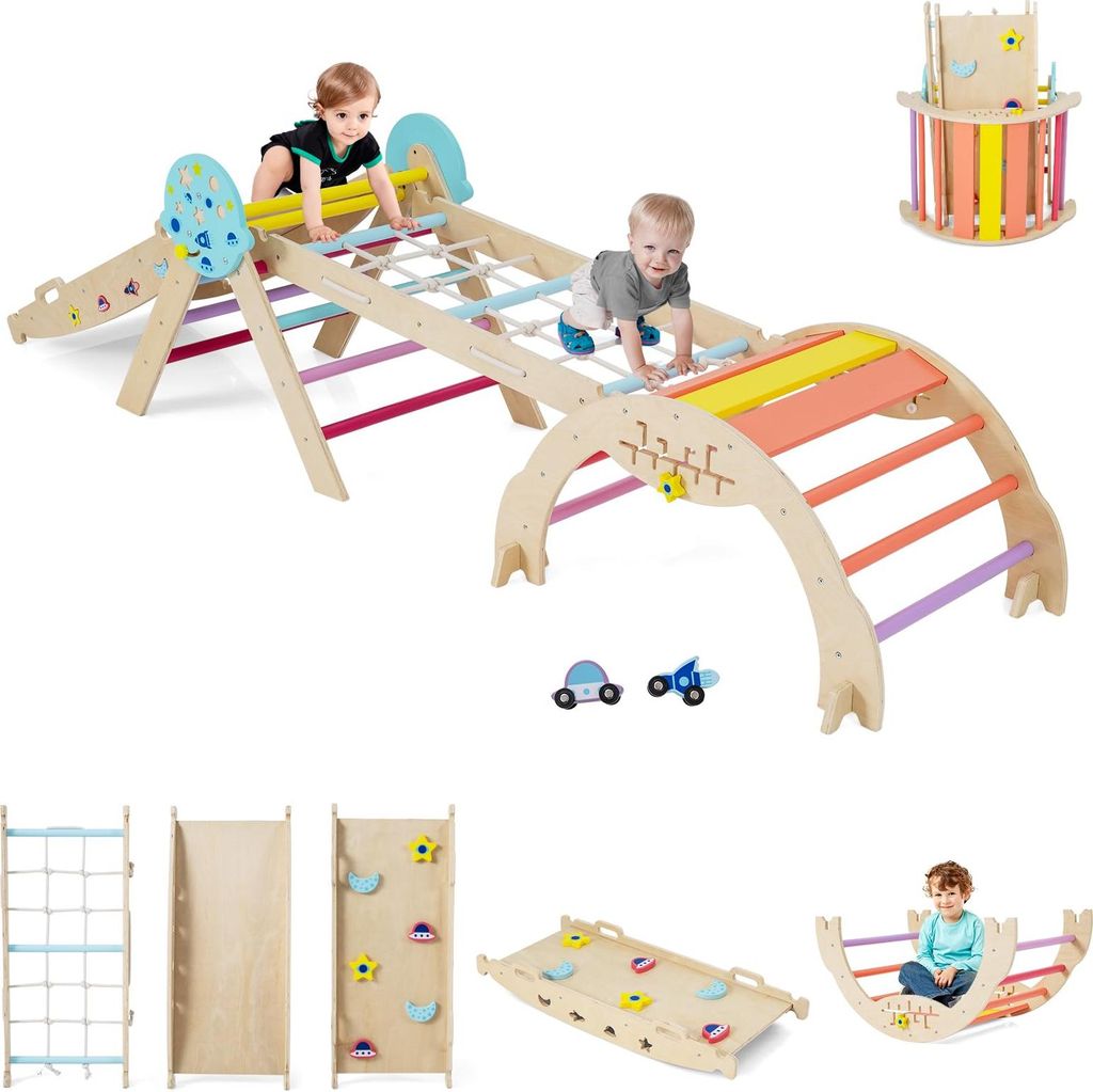 GOPLUS Klettergerüst, 4er Set Kletterspielzeug mit Kletternetz, Kletterbogen, Wippe & Leiter, inkl. Baustein Set, Kletterdreieck für Kinder, Astr...