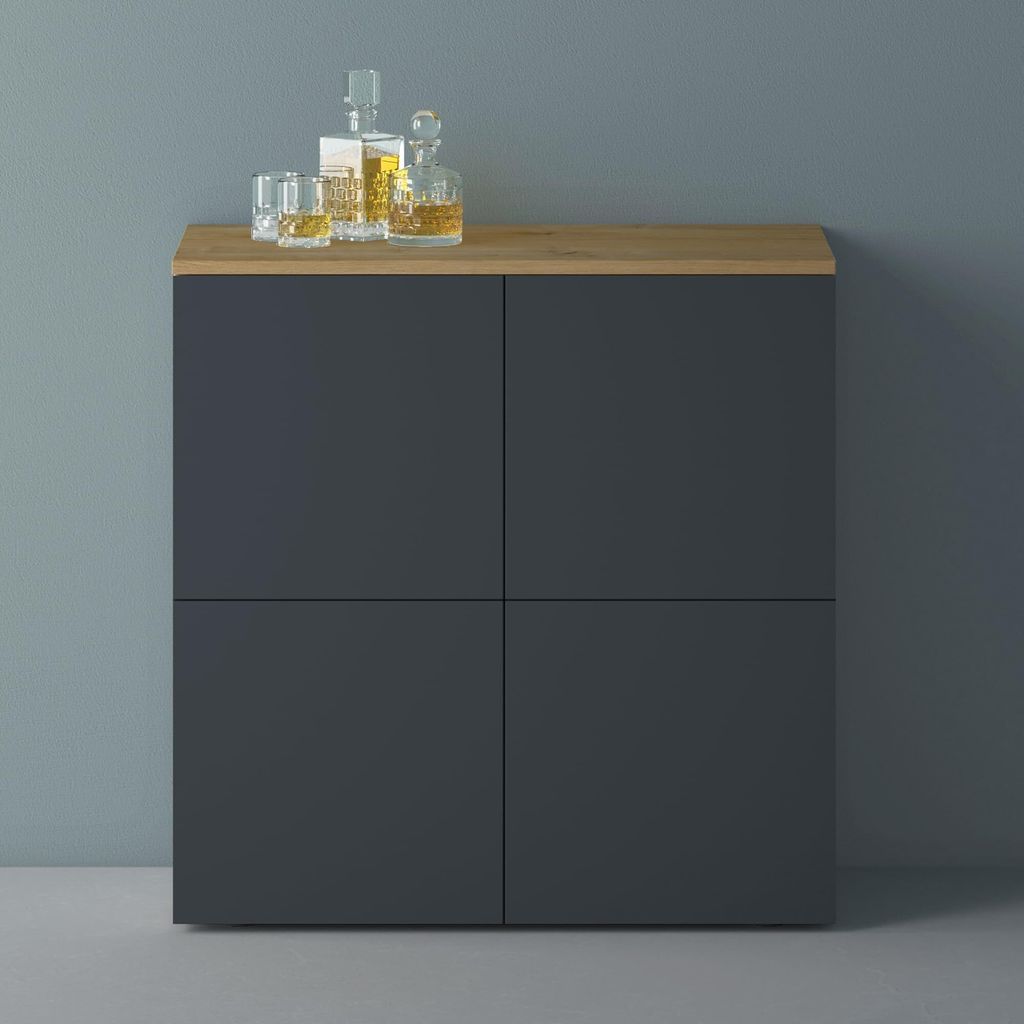Mai & Mai Möbel Kommode Aufbewahrungsschrank mit 4 Türen in Kerneiche + Anthrazit matt Sideboard Schrank Mehrzweckschrank BTH: 76x36,4x74cm Schra...