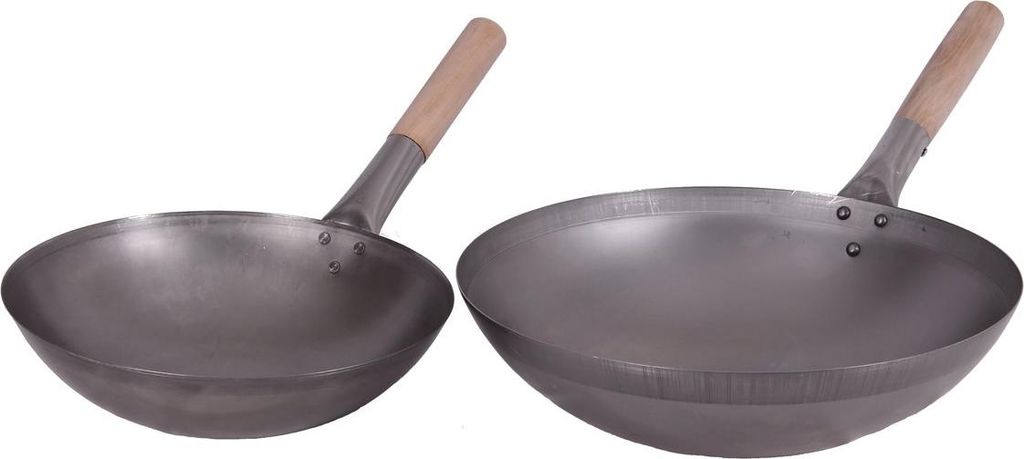 WOK SET, 33RB-36RB, Wok Pfanne 33 cm Ø runder Boden + Wok Pfanne 36 cm Ø runder Boden mit Holzgriff Kohlenstoffstahl
