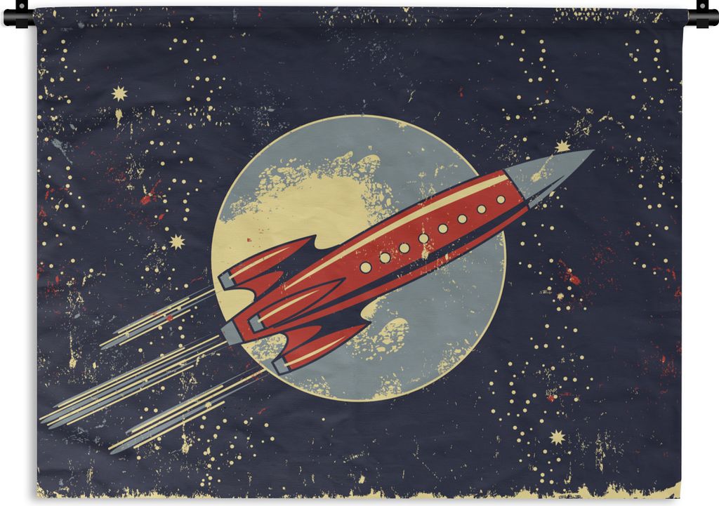 MuchoWow Wandteppich Wandbehang Rakete - Mond - Jahrgang - Weltraum 150x112.50 cm Tapisserie Dekoration Wandtuch - Wanddecke - Wandteppiche