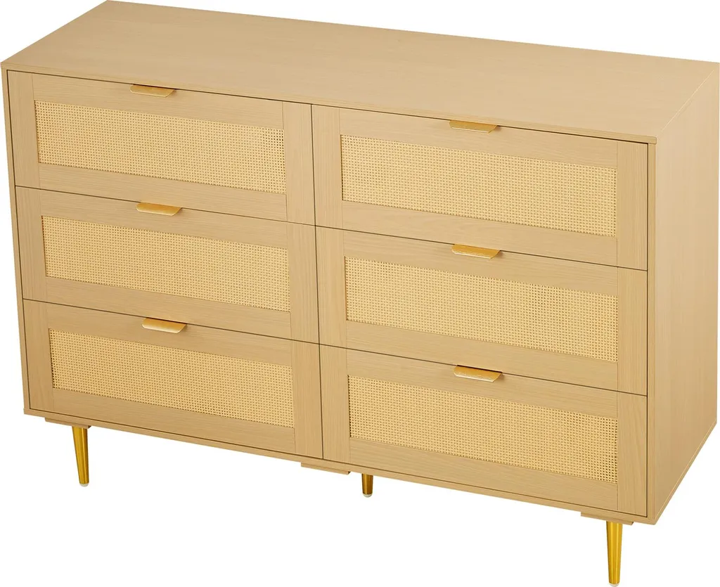 Armoire de rangement 6 tiroirs anti-désordre en rotin et métal