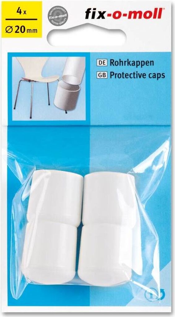 Packaging for white protective caps for chair legs, with product information and branding.