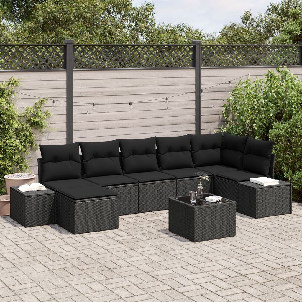 ZMH Garten-Sofa-Set 8-teilig Schwarz Rattan, Polyester, Stahl