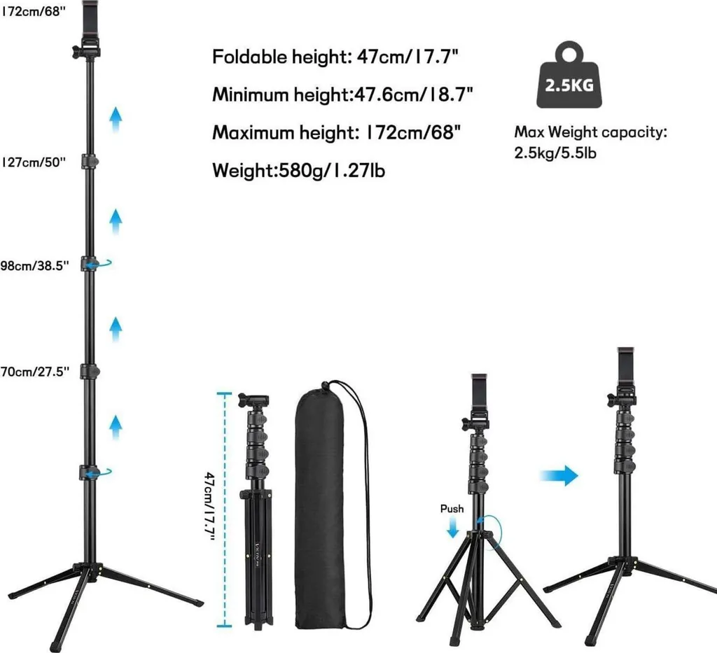 Cavalletto Smartphone Victiv 172cm con Telecomando Bluetooth e Borsa - 7
