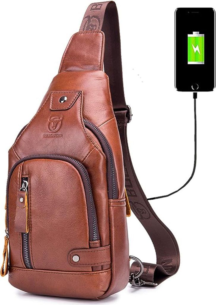 OKWISH Sling Bag Leder Schultertasche Brusttasche Umhängetasche Herren Bauchtasche Tasche Rucksack Daypacks Wasserresistent braun