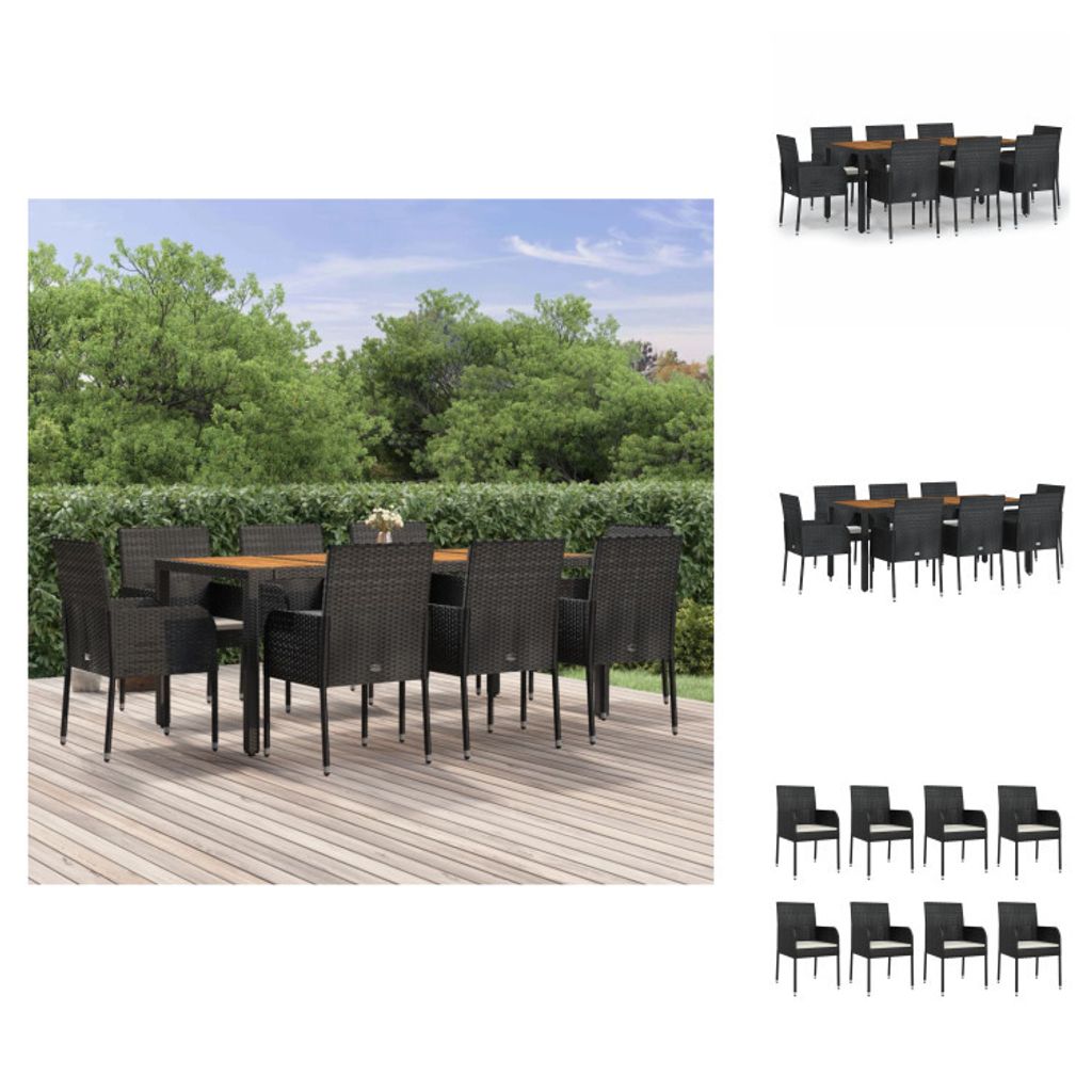 vidaXL 9-tlg. Garten-Essgruppe mit Kissen Schwarz Poly Rattan - Gartenmöbel-Sets