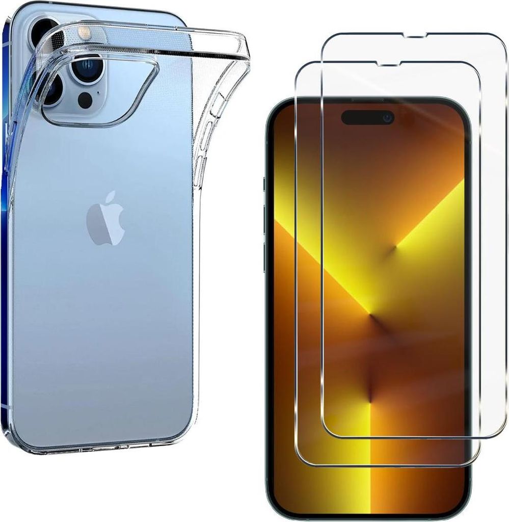 Hülle für iPhone 14 PRO mit 2 Displayschutzfolien aus Hartglas Phonillico