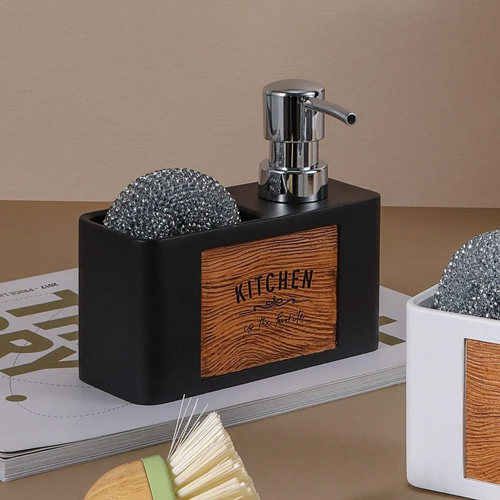 Set Di 2 Dosatori Sapone In Vetro Con Vassoio Bambù Per Cucina E Bagno - 500 Ml, Marrone E Oro