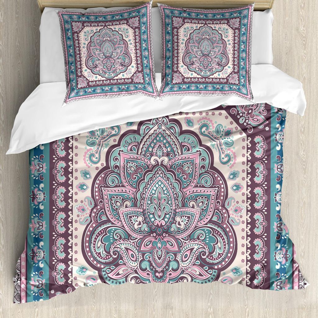 ABAKUHAUS Ethnisch Bettbezug Set, Mandala Paisley Orientalisches Asiatisch Muster, 200 x 200 cm + 80 x 80 cm, Pale Pink Lila