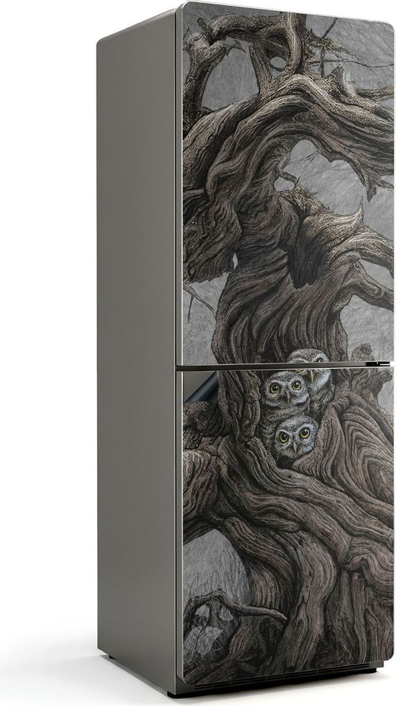 Eulen in einem Baumloch – Magnetische Kühlschrank Abdeckung – Dekorfolie magnetisch Küche – Kühlschrank Magnet Deko – selbstklebende Mag...