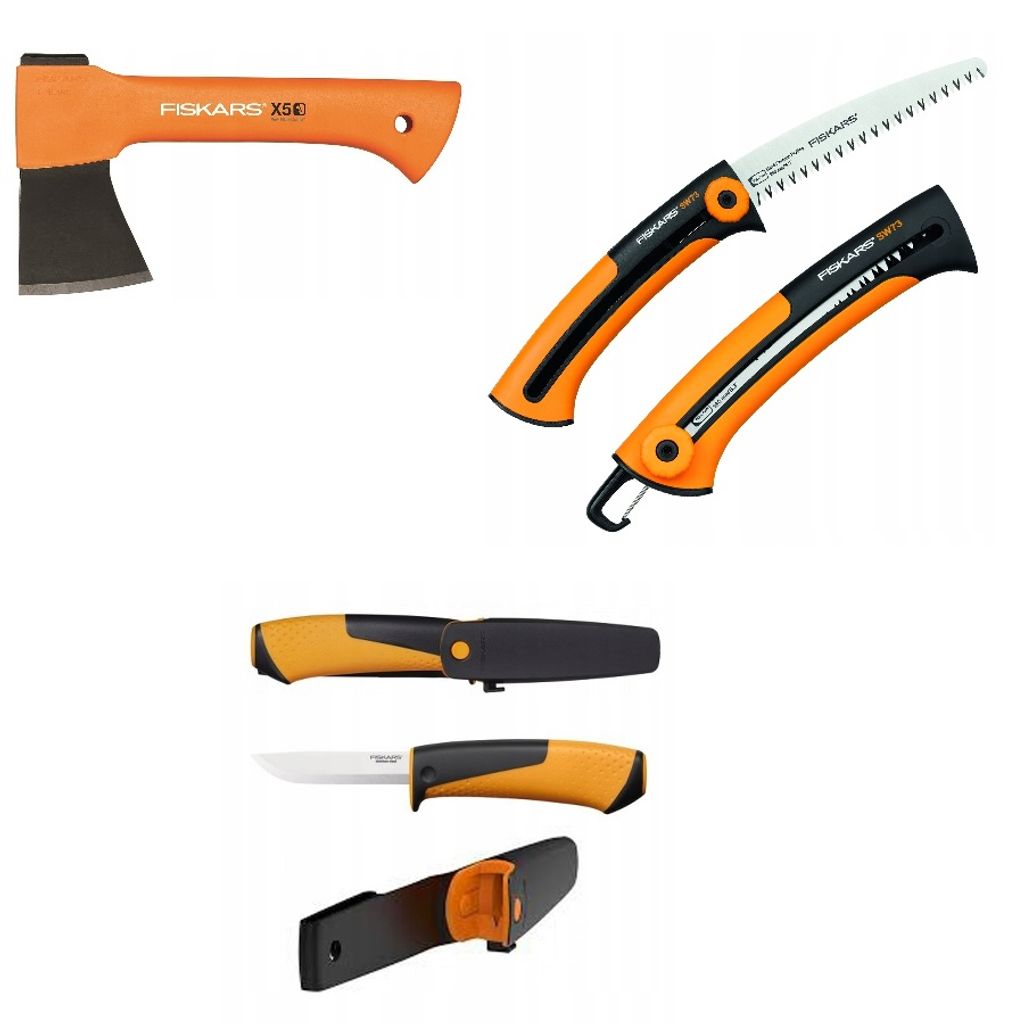 A collection of Fiskars outdoor tools including an axe, a folding saw, and a knife with sheaths, displayed against a white background.