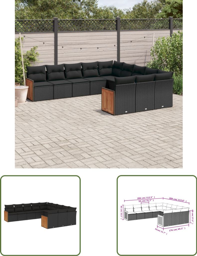 The Living Store 11-tlg. Garten-Sofagarnitur mit Kissen Schwarz Poly Rattan