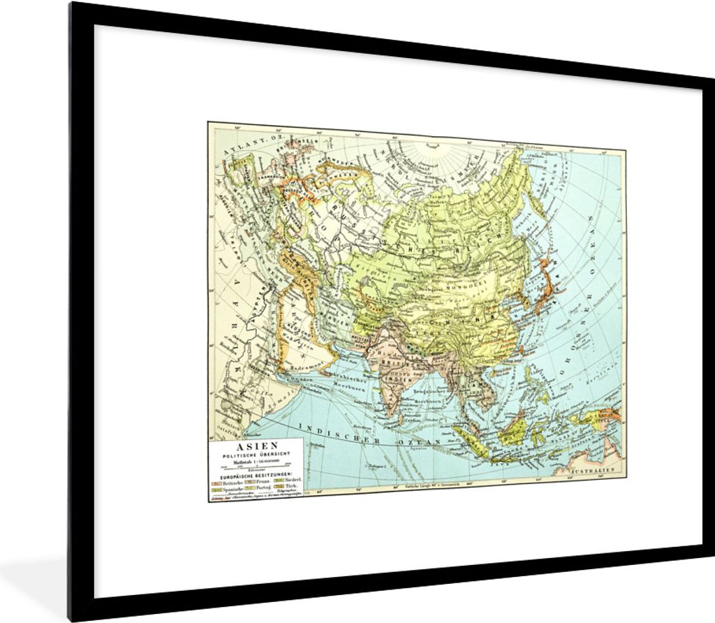 MuchoWow MuchoWow Gerahmtes Poster Klassische Weltkarte Asien 80x60 cm - Poster mit zchwarzem Bilderrahmen - Schlafzimmer-Dekorationen - Fotopo...