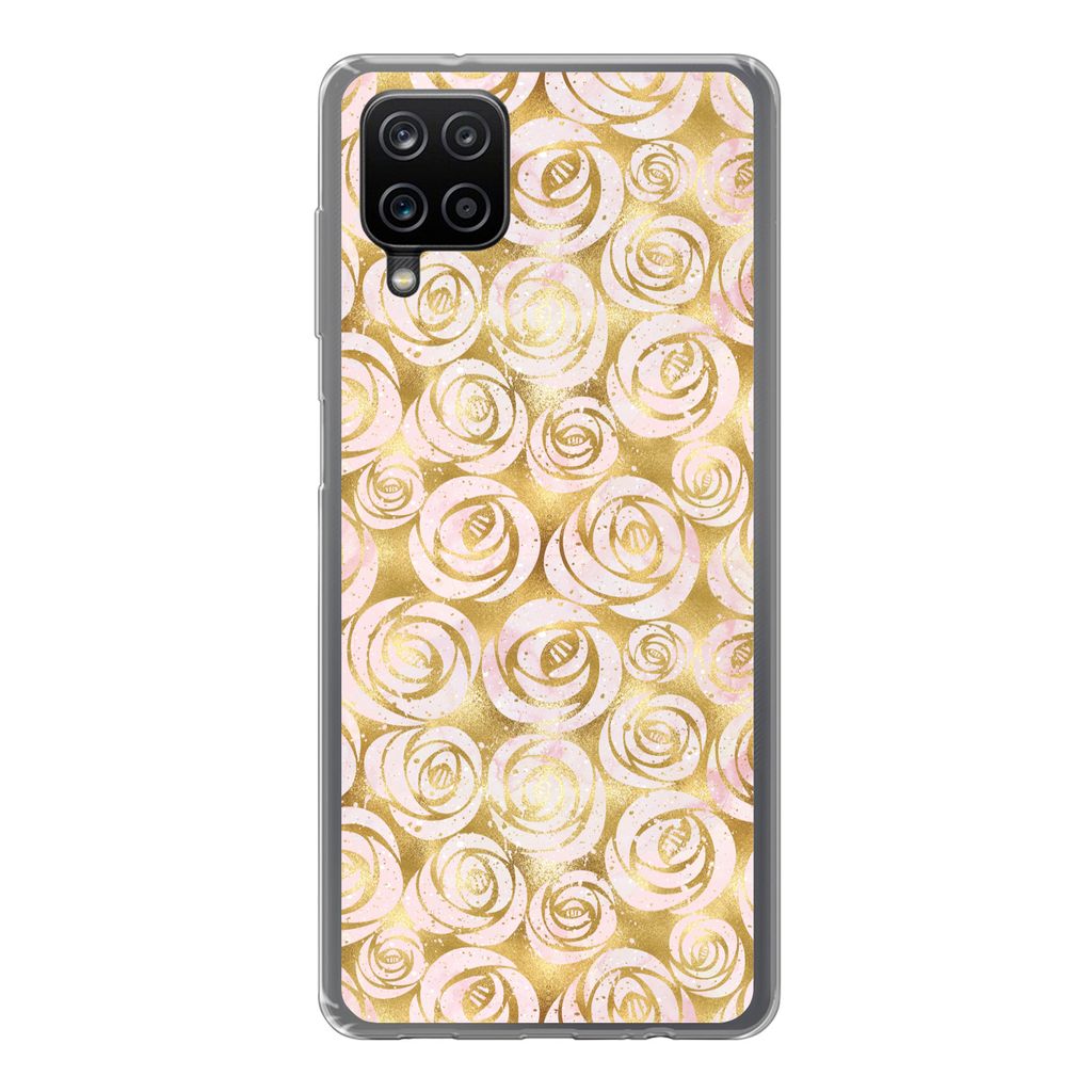 MuchoWow Handyhülle Schutzhülle Hülle für Samsung Galaxy A12 Marmor - Gold - Rosen - Muster Silikon Softcase Handy Hülle - Bild