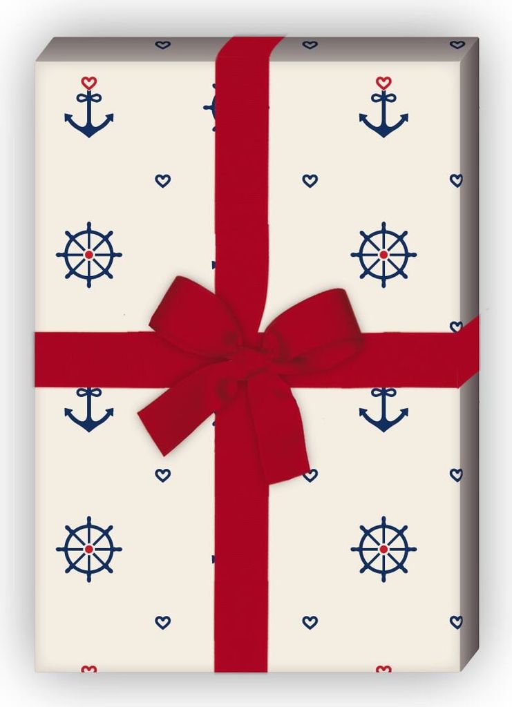 Maritimes Geschenkpapier zum Einpacken mit Herz, Anker und Steuerrad, beige - G10279, 32 x 48cm