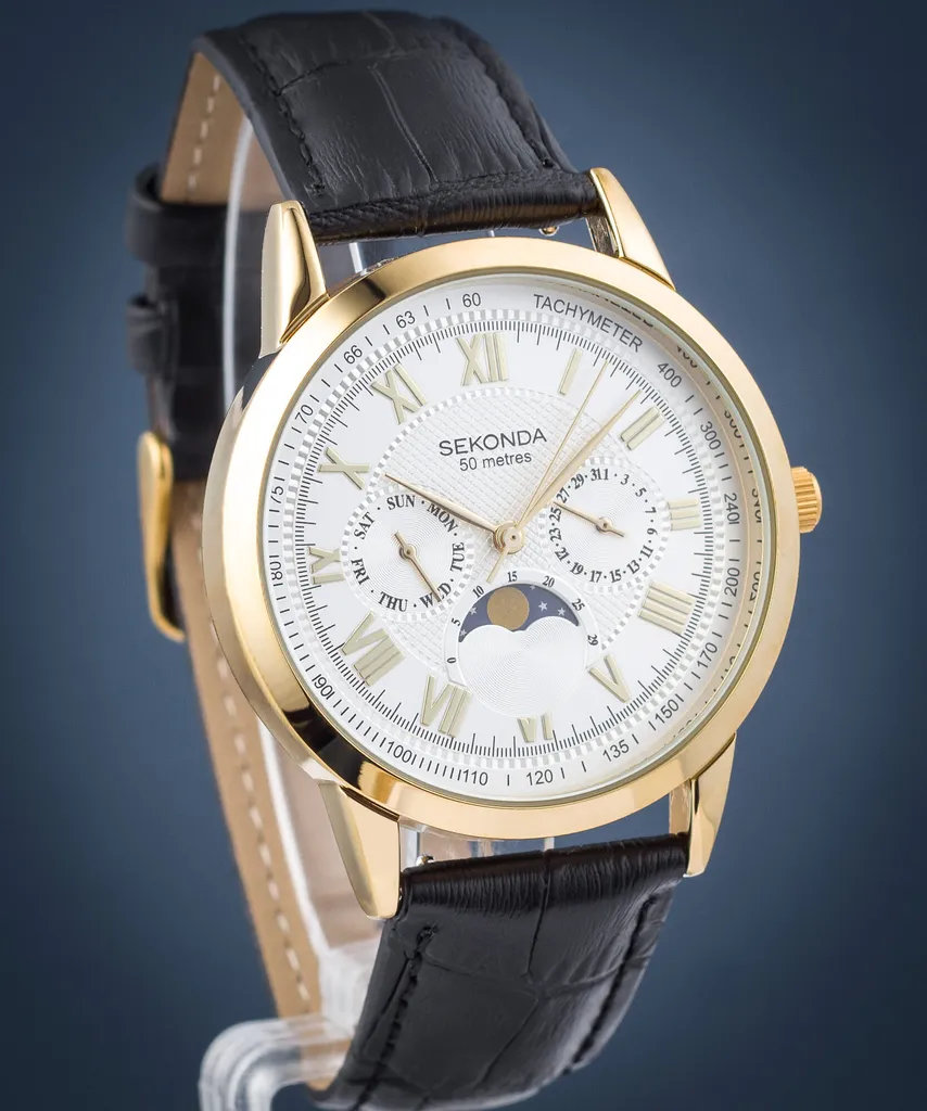 Sekonda 30147 Orologio Fase Lunare - Pelle Nera e Cassa Oro - 8