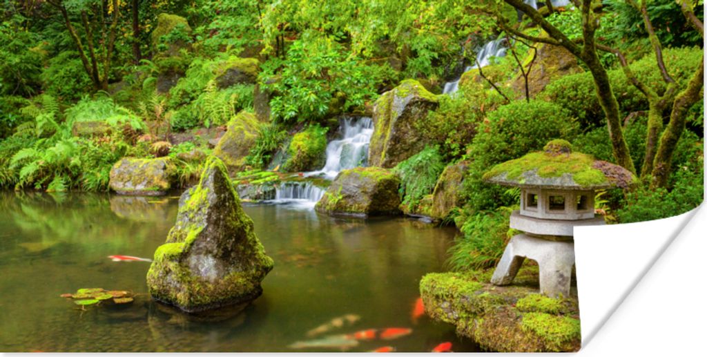 MuchoWow Poster Wasserfall - Koi - Japanische Laterne - Moos - Wasser 120x60 cm - Bild
