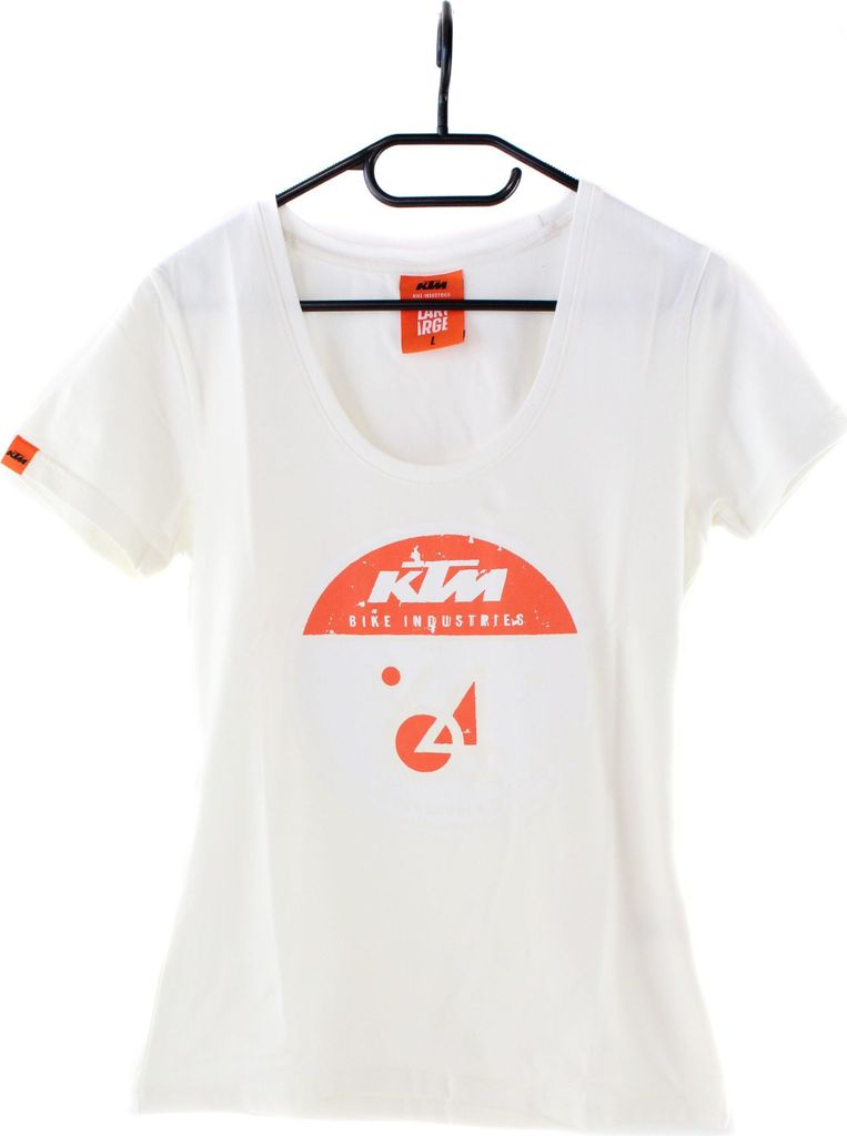 KTM Damen T-Shirt weiß orange mit großem Logo-Print auf der Front, Rund-Ausschnitt, figurbetont, Größen XS, S, M, L, XL, Größe:XS