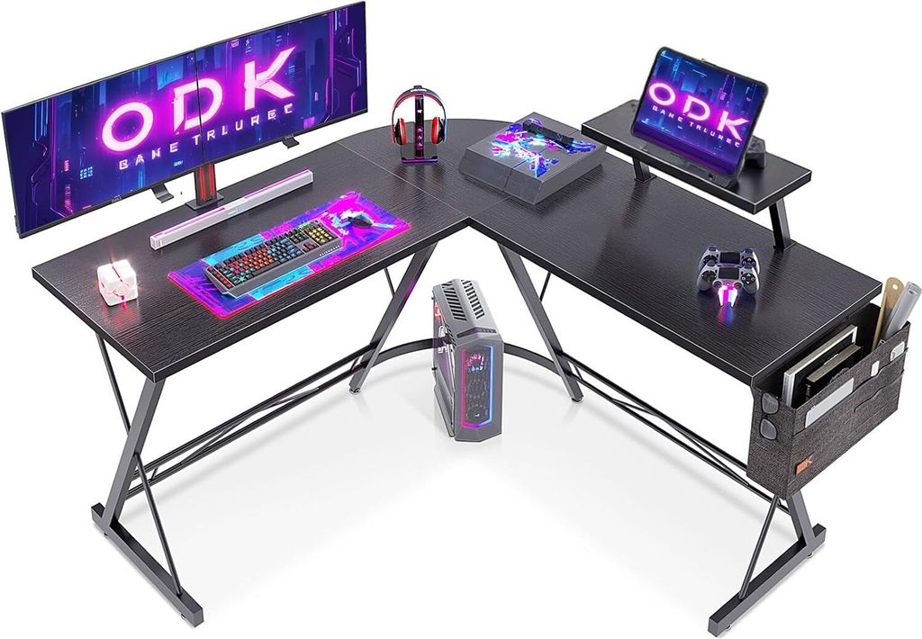 ODK Gaming Tisch Eckschreibtisch Gamer Schreibtisch L Form Monitorständer Büro Schwarz 127 x 127 cm Packung
