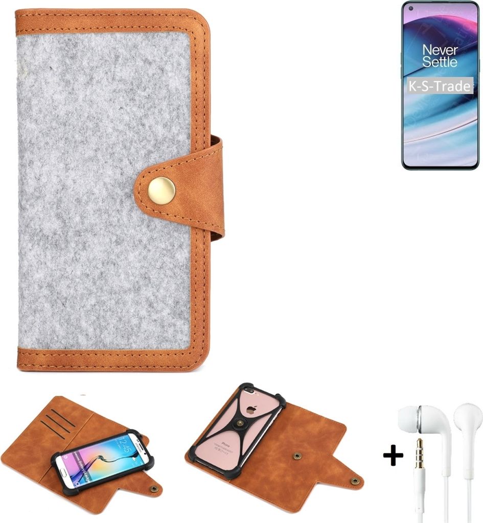 K-S-Trade Handyhülle + Kopfhörer kompatibel mit OnePlus Nord N20 5G Schutzhülle Filz Hülle Kunstleder hellgrau braun (1x)