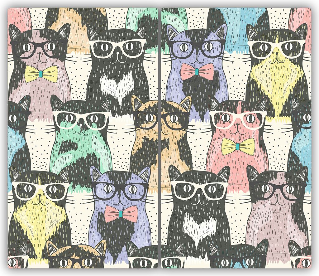 Tulup Glas-Herdabdeckplatte - 2x30x52cm - Glaskeramikkochfeld-Abdeckung Spritzschutz Zweiteilig Katzen mit Brille