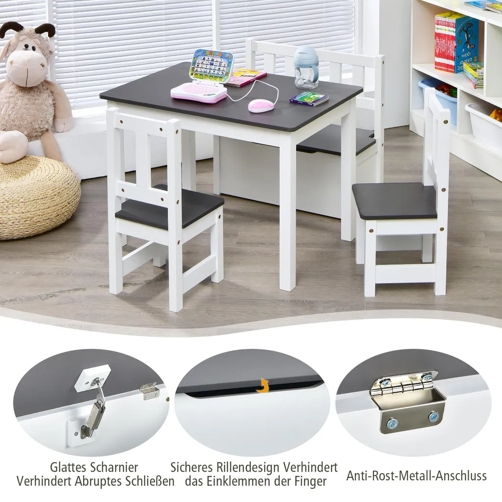 COSTWAY Set di sedute per bambini 4 pezzi in legno, tavolo per bambini sedie panca con spazio di archiviazione, set di sedute per bambini, set di tavoli per bambini, mobili per bambini set di sedute per bambini 70 x 48 x 50 cm(Grigio) - 7
