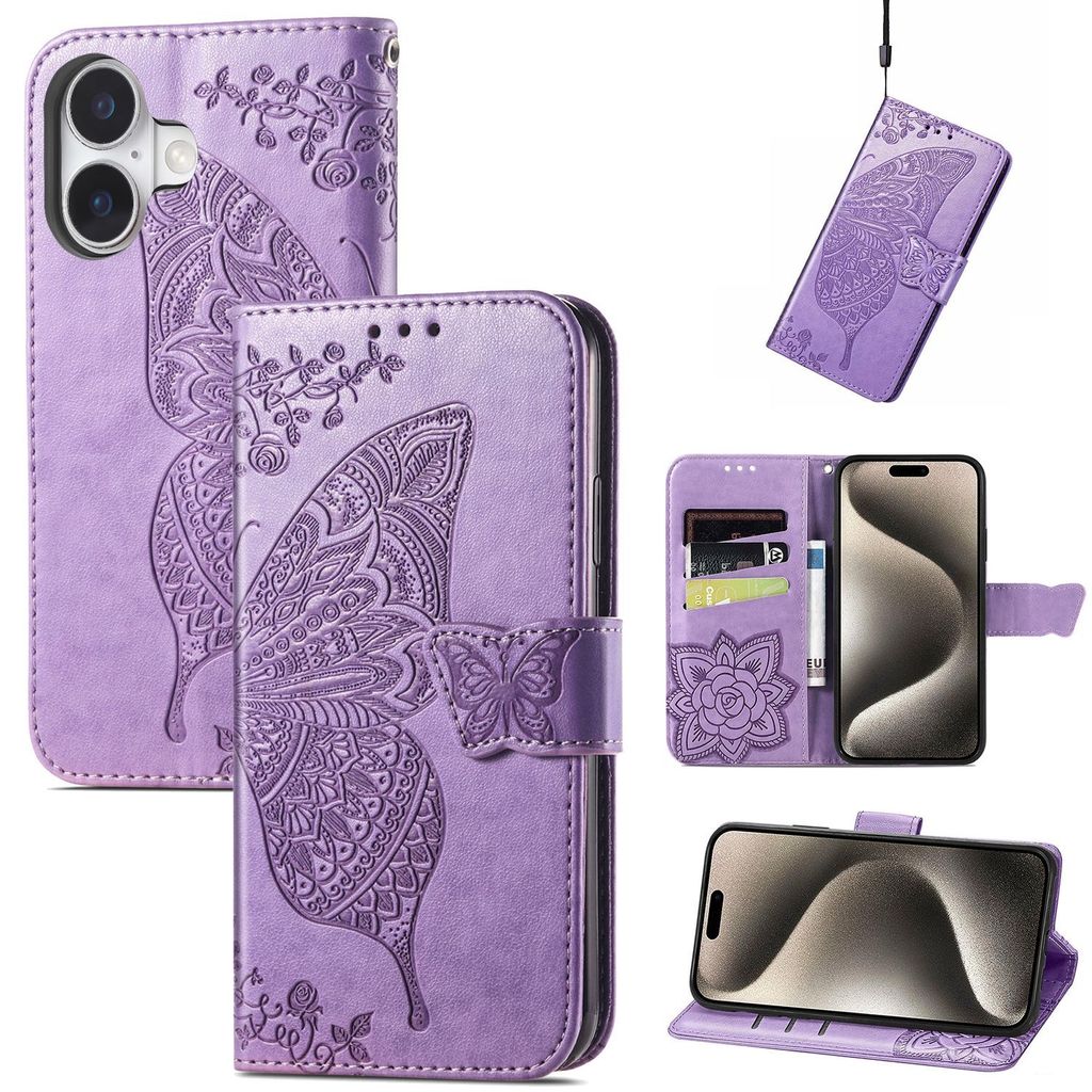 Für Apple iPhone 16 Plus Kunstleder Wallet Handy Tasche Schmetterling Design Hülle Etuis Hell-Lila
