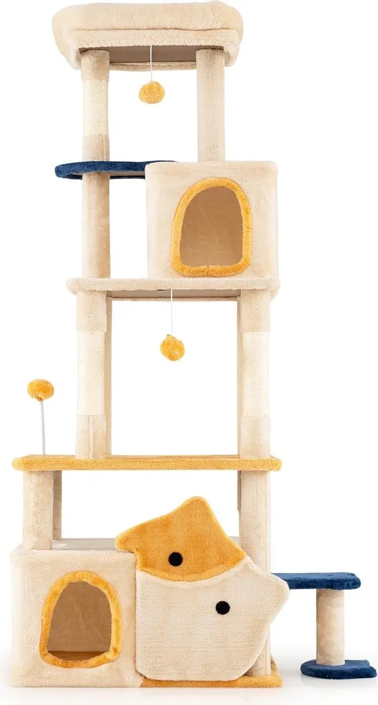 Grand arbre à chat beige avec motif poissons et poteaux en sisal naturel