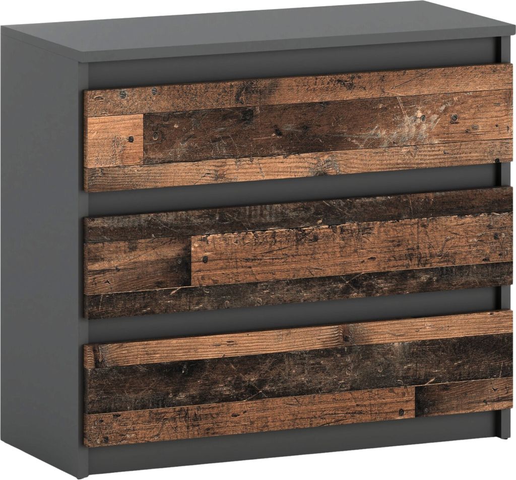 A 3-drawer dresser with a gray matte finish and a vintage-style wood front.