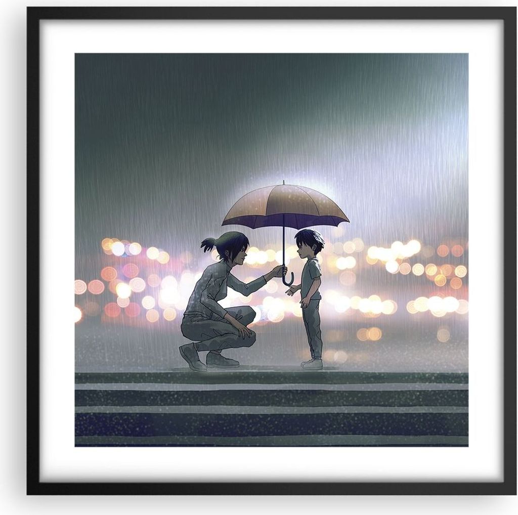 Gerahmtes Poster - Schwarzer Rahmen - Manga Regenschirm Hilfe - 50x50 cm - Wand Bild - Wanddeko - Wandbilder - Kunstposter - Wandposter - Bilderrah...