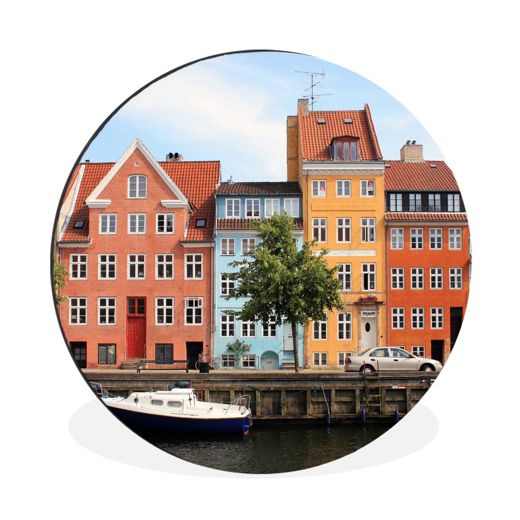MuchoWow Aluminium Wandkreis Bunte Häuser am Wasser in Kopenhagen - Dänemark Ø 30 cm Wanddeko Modern Wohnzimmer - Wand Bild - Wohnzimmer - Run...