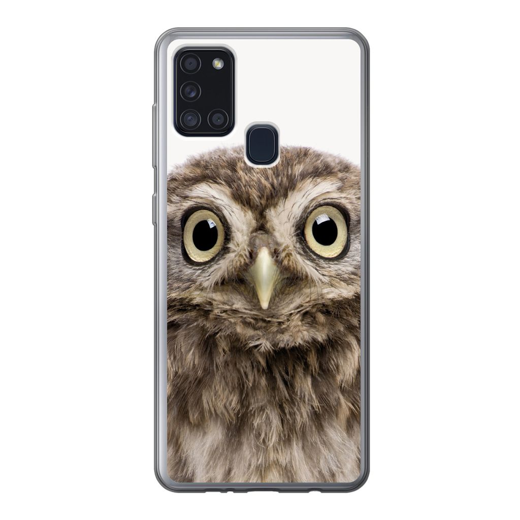 MuchoWow Handyhülle Schutzhülle Hülle für Samsung Galaxy A21s Eule - Eule - Porträt - Braun - Vogel - Jungen - Mädchen Silikon Softcase Han...