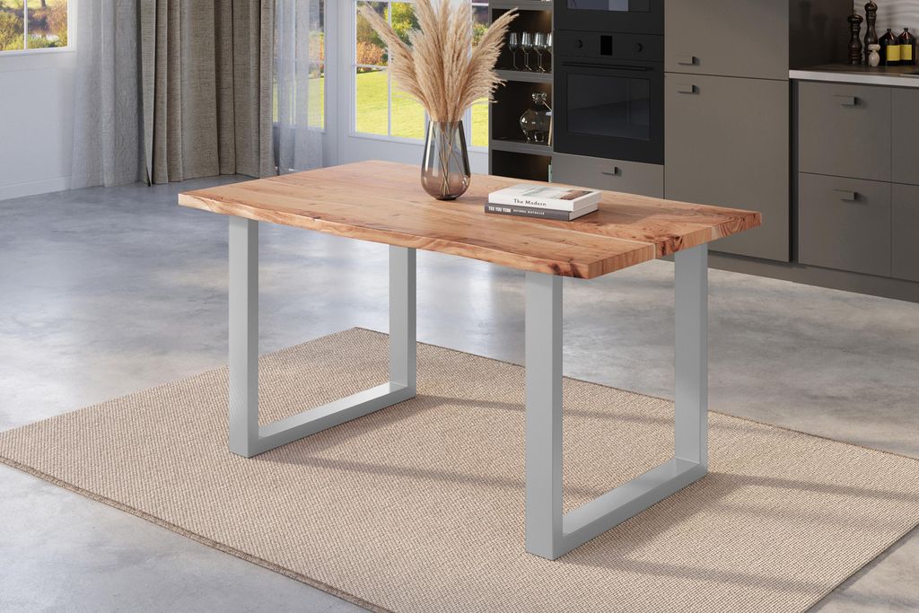Esstisch Baumkante 160 x 85 cm Akazie natur massiv U-Gestell silber NICK
