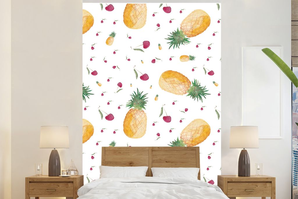 MuchoWow Fototapete für Wohnzimmer oder Schlafzimmer Wandtapete Vinyl Motivtapete Obst - Design - Aquarell - 145x220 cm - Wanddekoration