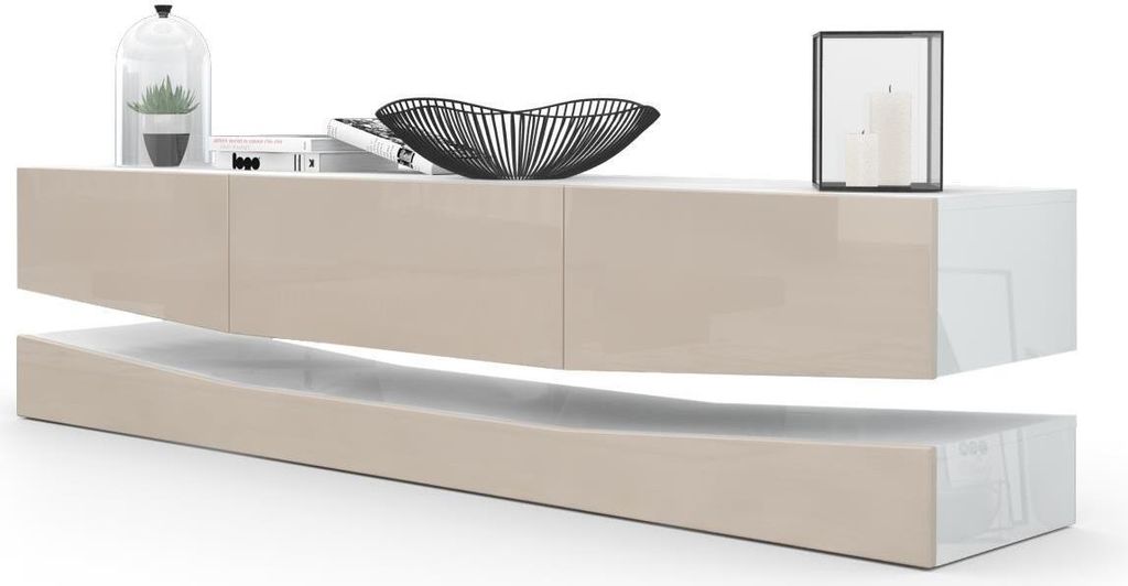 Vladon Lowboard City, Germany, TV-Kommode mit Sockelelement, 1 offenem Fach und 3 Schubkästen, Weiß Hochglanz/Sandgrau Hochglanz (178 x variabel...
