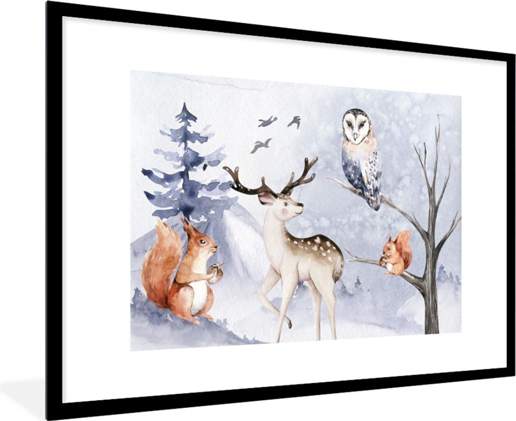MuchoWow Gerahmtes Poster Winter - Schnee - Hirsche 90x60 cm - Poster mit Schwarzem Bilderrahmen Wandposter Rahmen Foto Bilder - Wanddekoration -...