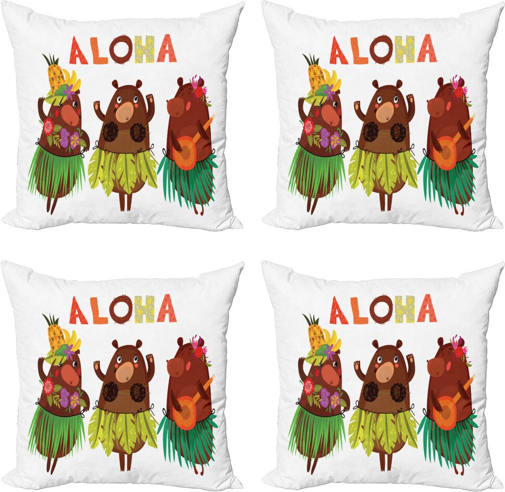 ABAKUHAUS Insel-Party Kissenbezug Set (4 Stück), Lustige Bären in Hawaii, Moderner Doppelseitiger Digitaldruck, 45 cm x 45 cm, Mehrfarbig