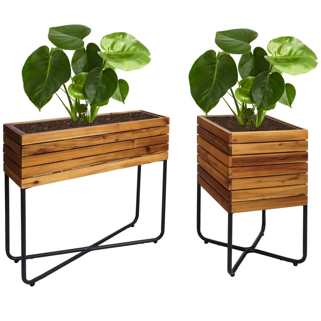 2er-Set Pflanzkasten MCW-L25, Blumenkasten, rechteckig quadratisch Outdoor Stahl Akazie Holz MVG-, braun