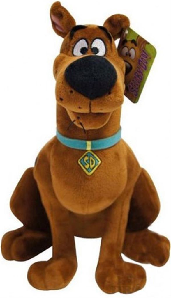 A plush toy of Scooby-Doo sitting down, with a tag attached to its ear.